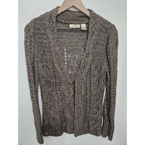 DKNY Jeans Brown Marled Pointelle Cable Knit Open Frnt Cardigan Sweater Womens M